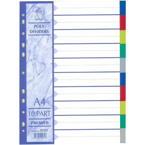 Premier 22231 Index Divider 10 Tabs Plastic Colours A4 in Set