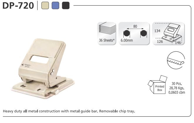 Kangaro 2 Hole Puncher DP-720, 36 Sheets Capacity, Assorted Colors  -  Office One LLC