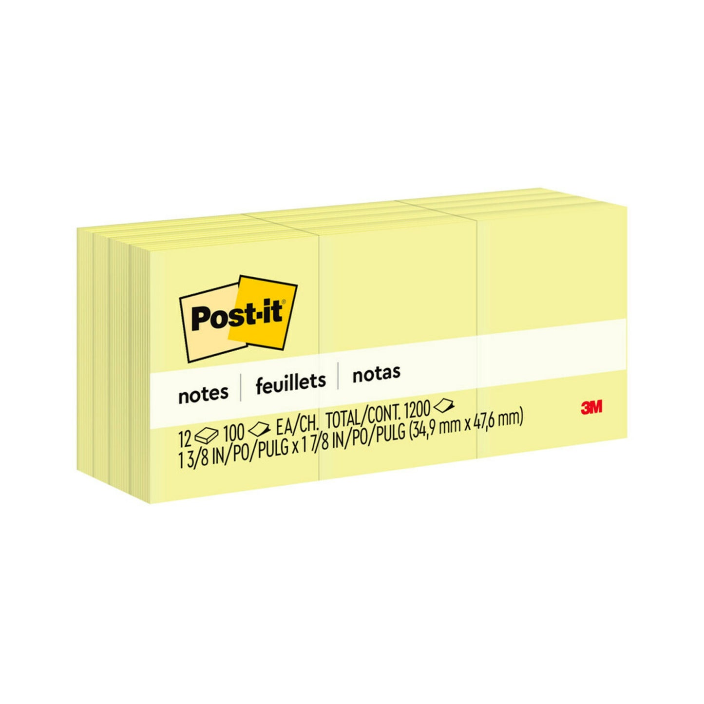 3M Post-it Mini Notes, 1 3/8 x 1 7/8 in, 12 Pads, Canary Yellow,100 Sheet/Pad, 12 Pads/Pack