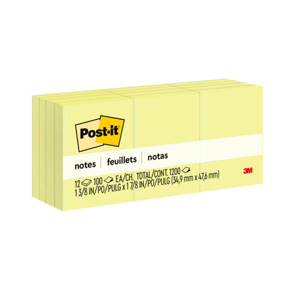 3M Post-it Mini Notes, 1 3/8 x 1 7/8 in, 12 Pads, Canary Yellow,100 Sheet/Pad, 12 Pads/Pack