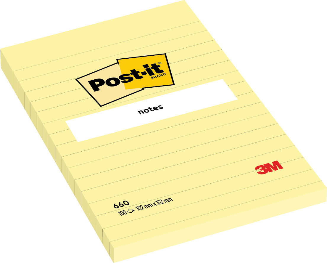 3M Post-it® Notes Canary Yellow 660. 4 x 6 in (101 mm x 152 mm). 100 sheets/pad, 12 pads/Pack. Lined Dozen