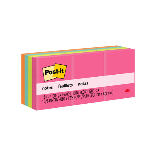 3M Post-it® Notes 653AN, Assorted Colours, 38 mm x 51 mm, 100 Sheets/Pad, 12 Pads/Pack Dozen