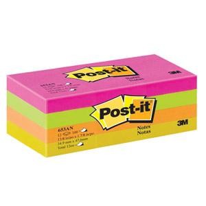 3M Post-it® Notes 653AN, Assorted Colours, 38 mm x 51 mm, 100 Sheets/Pad, 12 Pads/Pack Dozen