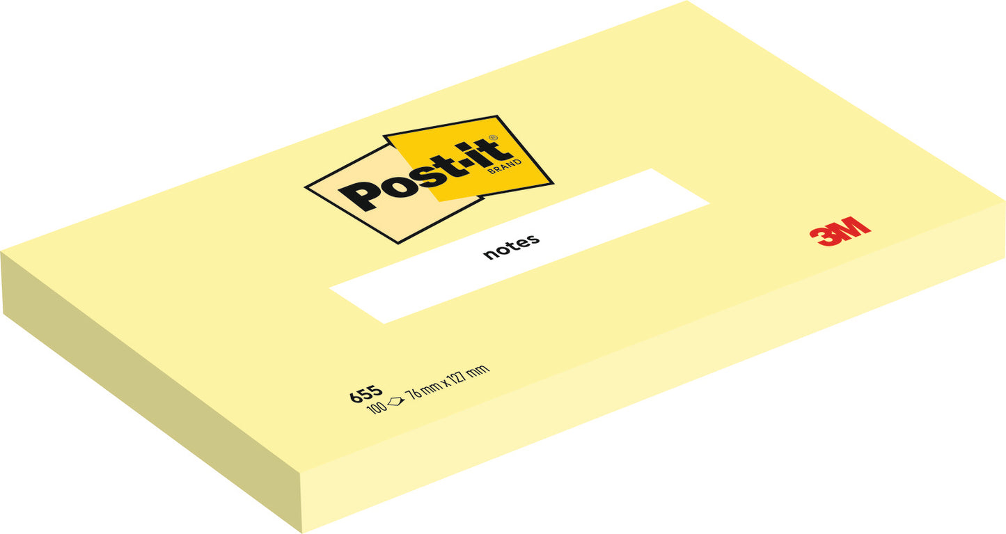 3M Post-it® Notes 655, 3 in x 5 in, (76 mm x 127 mm) Canary Yellow Dozen