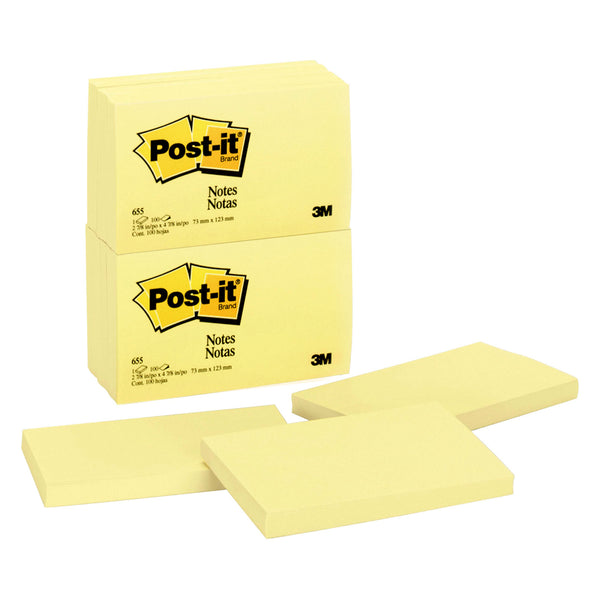 3M Post-it® Notes 655, 3 in x 5 in, (76 mm x 127 mm) Canary Yellow Dozen