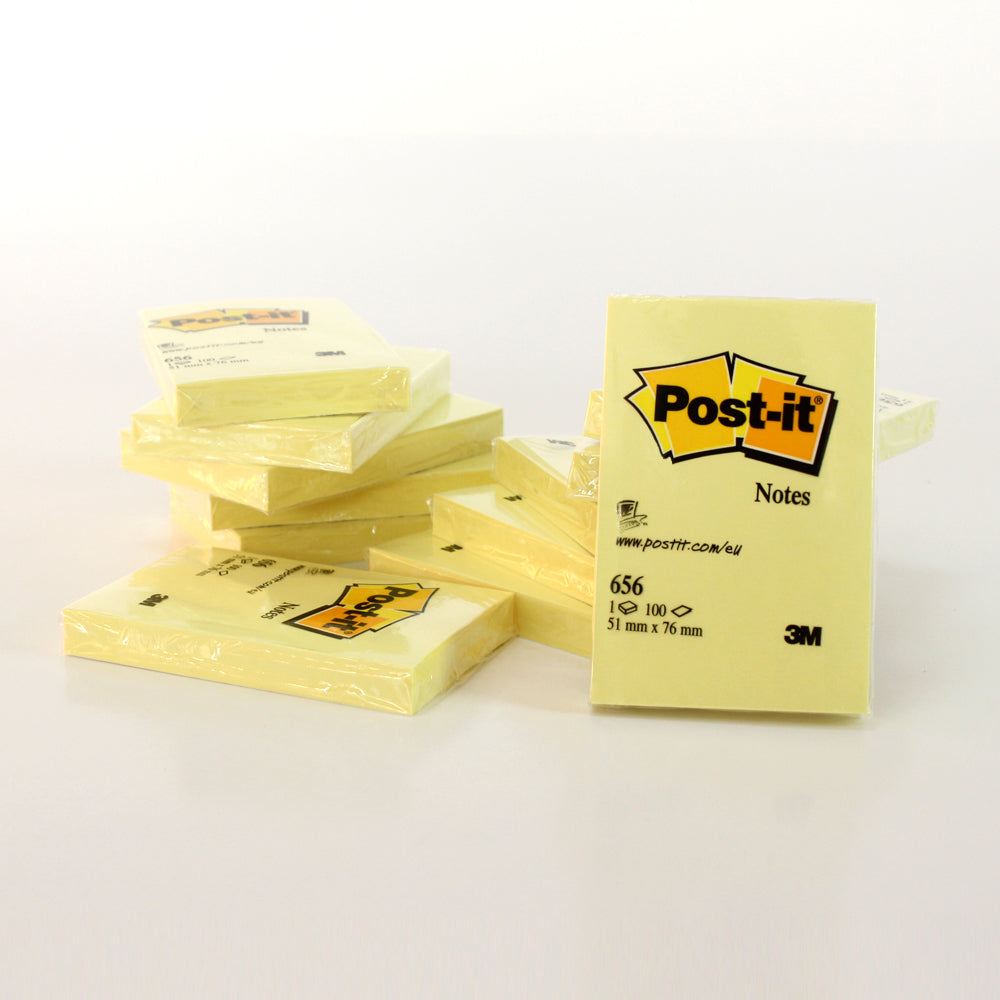 3M Post-it® Notes Canary Yellow 656. 2 x 3 in (51 mm x 76 mm), 100 sheets/pad, 12 pads/Pack Dozen
