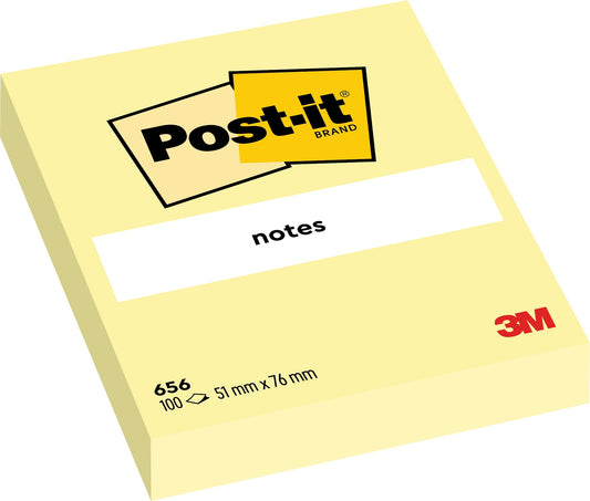 3M Post-it® Notes كاناري أصفر 656. 2 × 3 بوصة (51 مم × 76 مم) ، 100 ورقة / وسادة ، 12 وسادة / حزمة دزينة