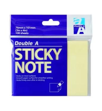 Double A Sticky Note 100 mm x 75 mm 100Sheets (Yellow) (4'x3')