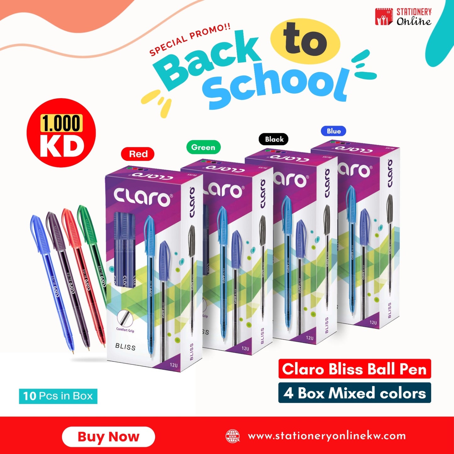 Bliss Ball Pen - 10 Pcs Box Tip 1.0 mm Available in Mixed Colors 4 boxes Back to School Offer (10pcs per box)