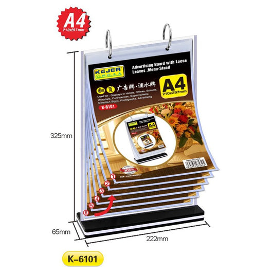 K-6101 Advertising Board with Loose Leaves/Menu Stand （A4V)-6 Pages