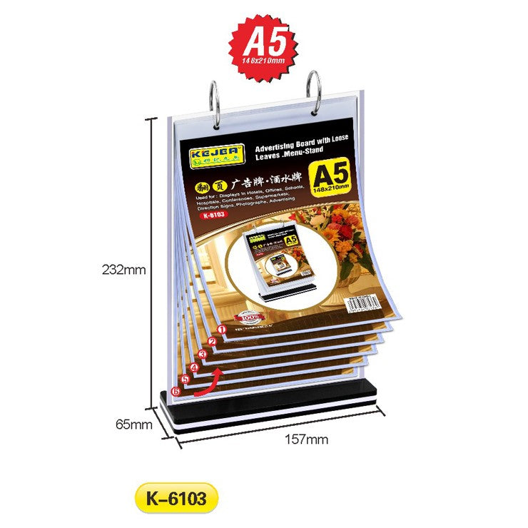 K-6103 Advertising Board with Loose Leaves/Menu Stand（A5V)-6 Pages